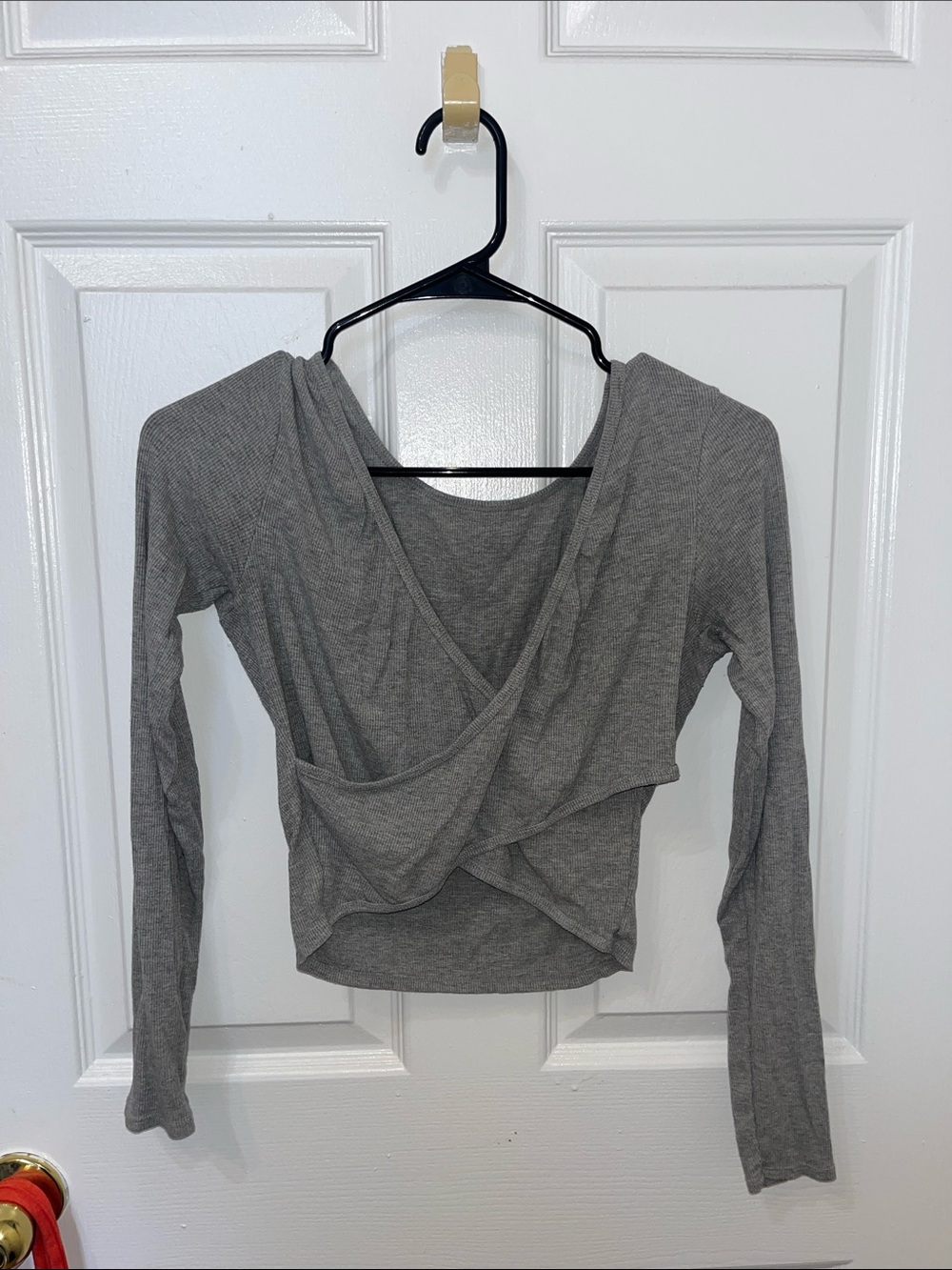 Gray Draped Wrap Crop Top with Long Sleeves